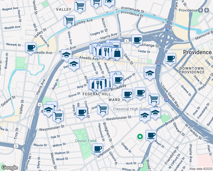 map of restaurants, bars, coffee shops, grocery stores, and more near 125 Sutton Street in Providence