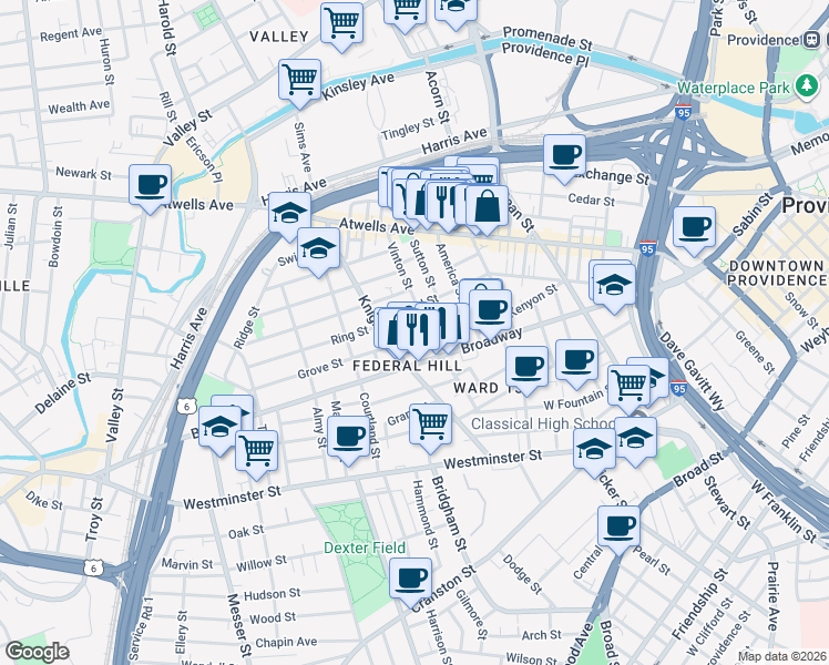 map of restaurants, bars, coffee shops, grocery stores, and more near 125 Sutton Street in Providence
