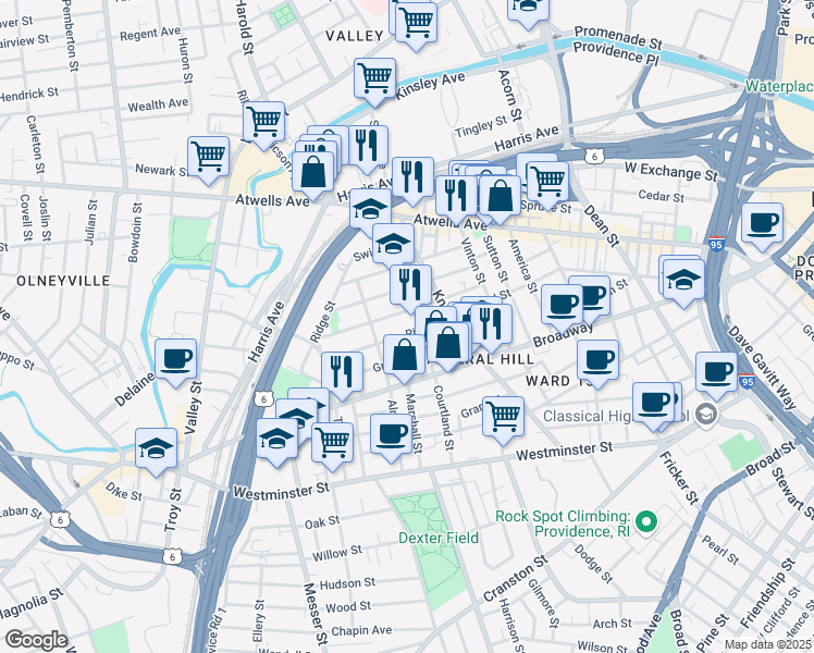 map of restaurants, bars, coffee shops, grocery stores, and more near 92 Tell Street in Providence
