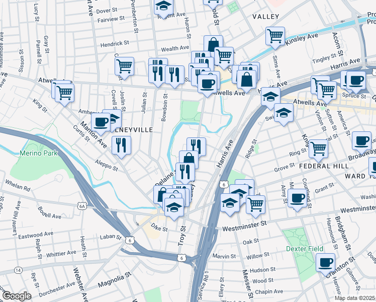 map of restaurants, bars, coffee shops, grocery stores, and more near 166 Valley Street in Providence