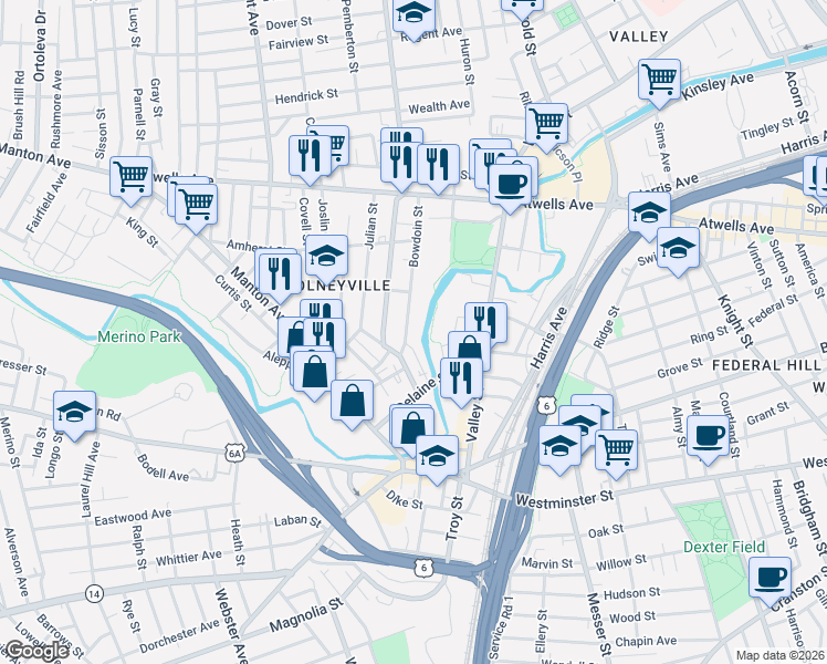 map of restaurants, bars, coffee shops, grocery stores, and more near 60 Bowdoin Street in Providence