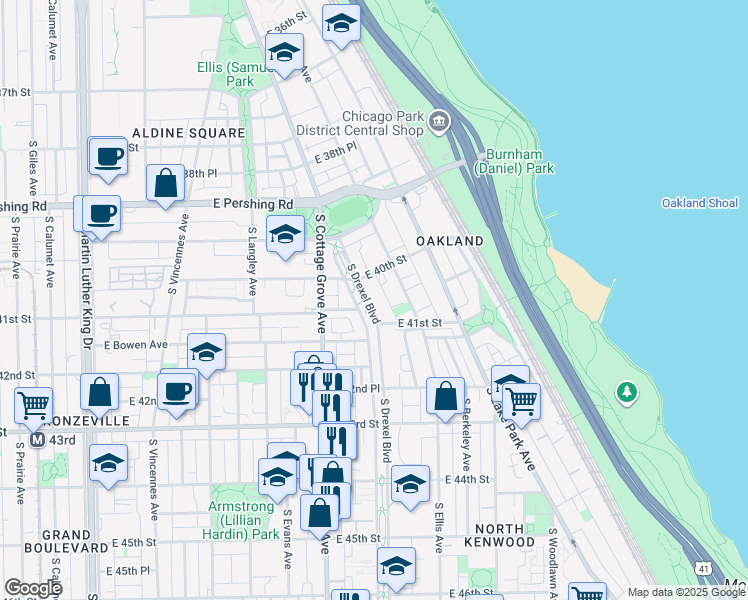 map of restaurants, bars, coffee shops, grocery stores, and more near 845 East 40th Street in Chicago