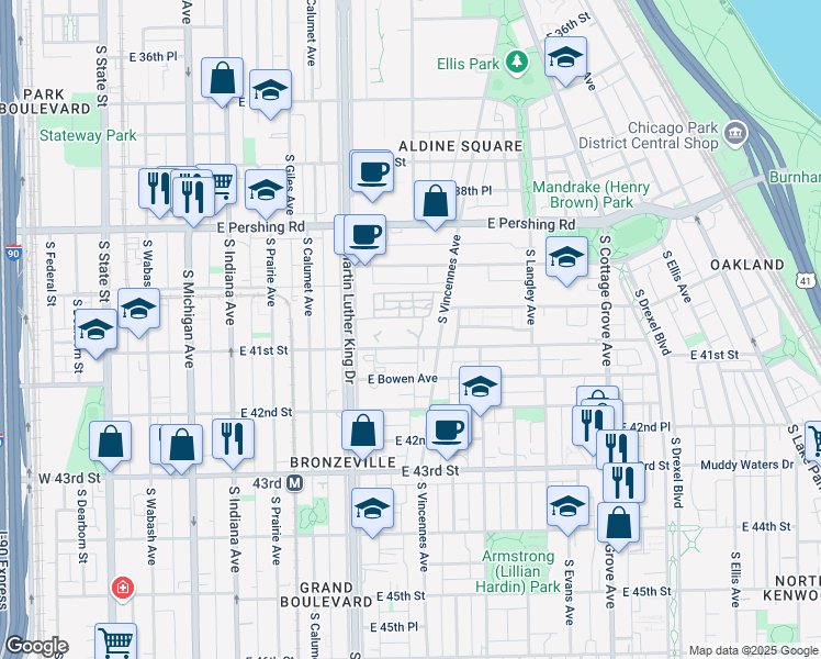 map of restaurants, bars, coffee shops, grocery stores, and more near 520 East 40th Street in Chicago