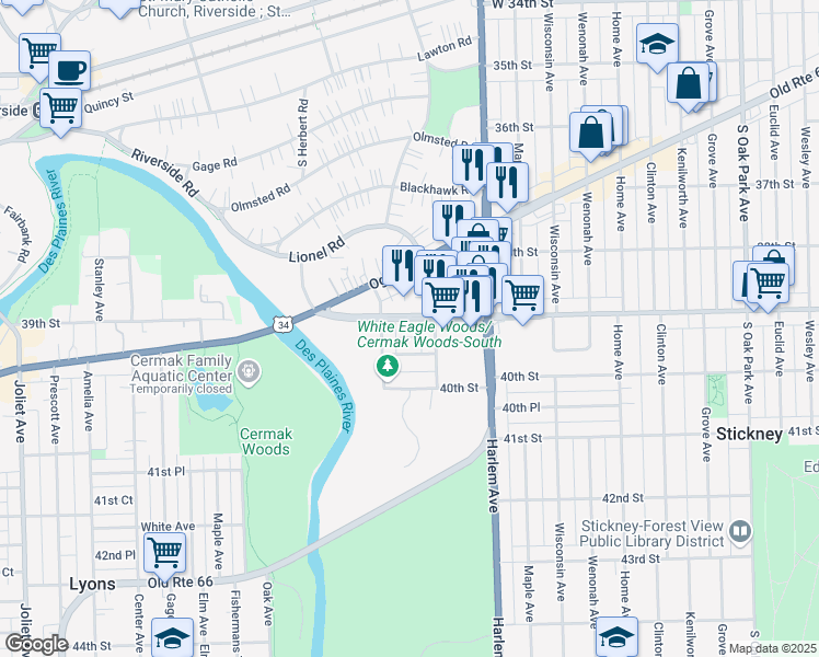map of restaurants, bars, coffee shops, grocery stores, and more near 7314 39th Street in Lyons