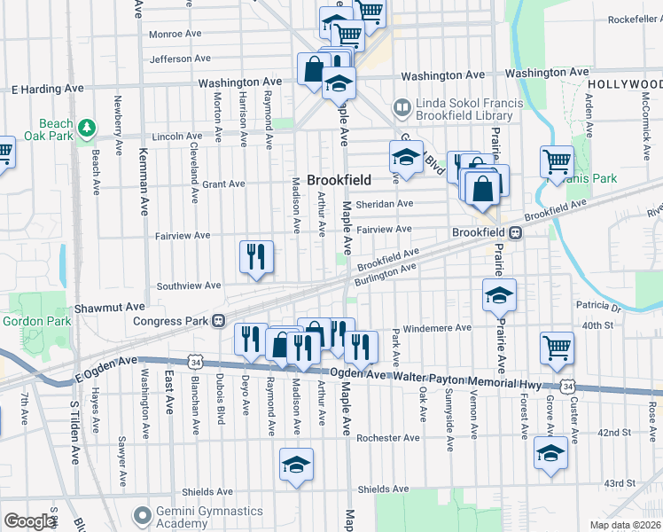 map of restaurants, bars, coffee shops, grocery stores, and more near 3815 Arthur Avenue in Brookfield