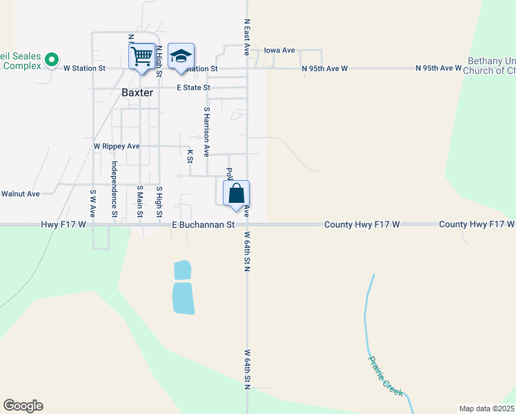 map of restaurants, bars, coffee shops, grocery stores, and more near 407 Southeast Avenue in Baxter