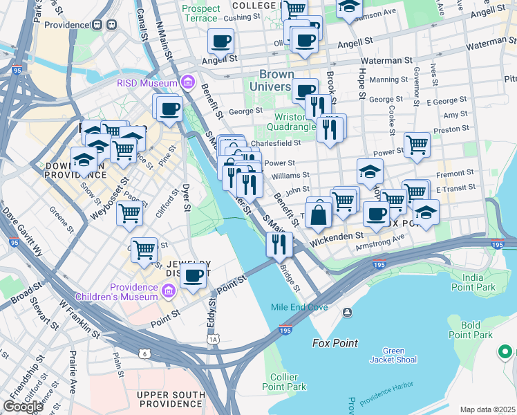 map of restaurants, bars, coffee shops, grocery stores, and more near South Main Street in Providence