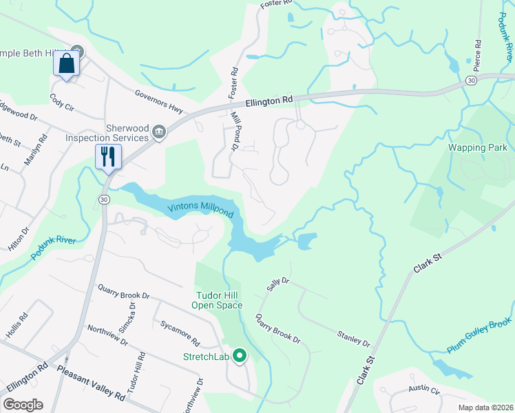 map of restaurants, bars, coffee shops, grocery stores, and more near 2203 Mill Pond Drive in South Windsor