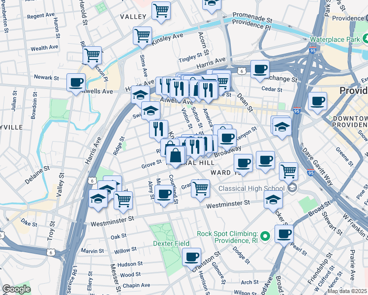 map of restaurants, bars, coffee shops, grocery stores, and more near 250 Federal Street in Providence
