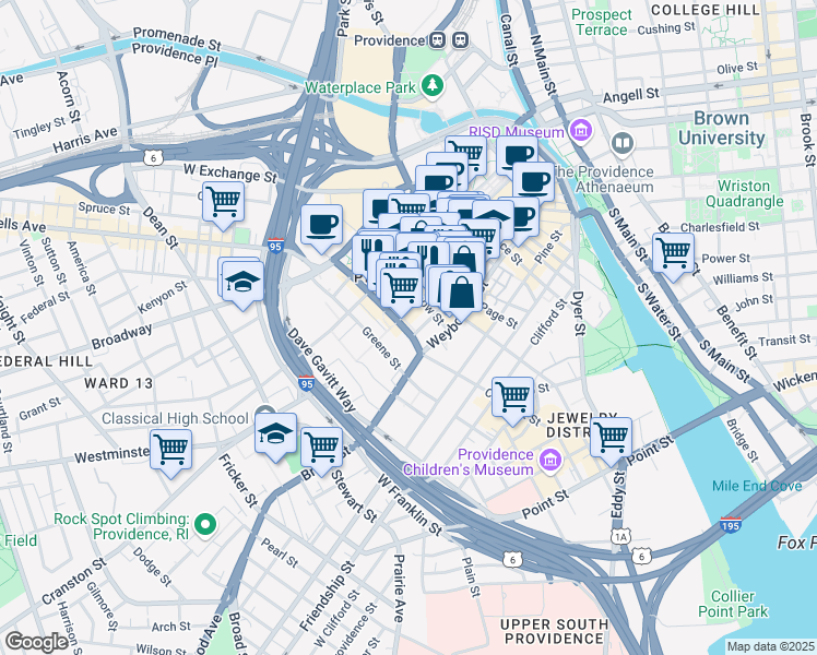 map of restaurants, bars, coffee shops, grocery stores, and more near 387 Westminster Street in Providence