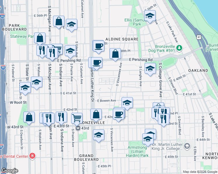 map of restaurants, bars, coffee shops, grocery stores, and more near 460 East 41st Street in Chicago