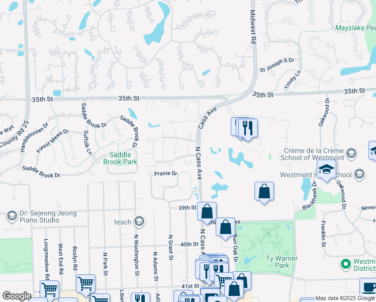 map of restaurants, bars, coffee shops, grocery stores, and more near Oakley Lane in Westmont