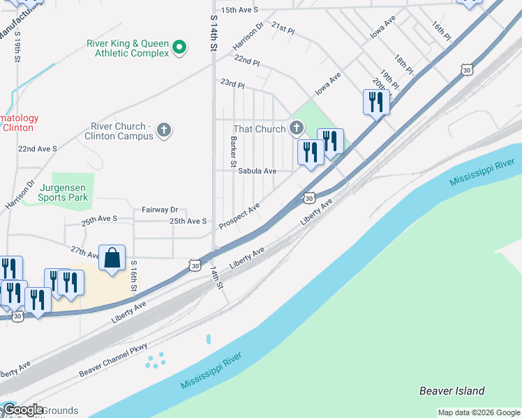 map of restaurants, bars, coffee shops, grocery stores, and more near 2409-2441 Dunham Street in Clinton