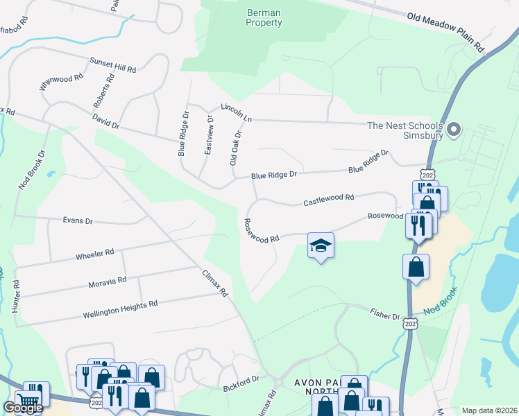 map of restaurants, bars, coffee shops, grocery stores, and more near 25 Castlewood Road in Simsbury