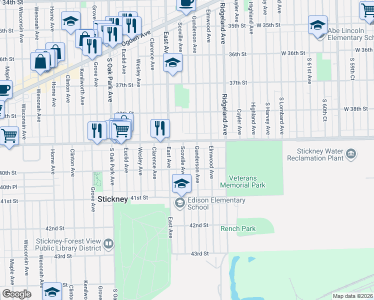 map of restaurants, bars, coffee shops, grocery stores, and more near 6515B West Pershing Road in Berwyn