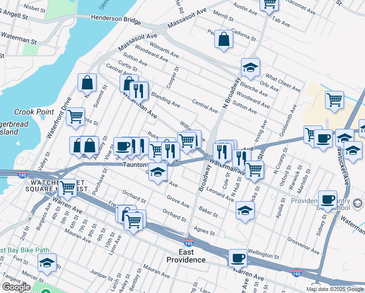 map of restaurants, bars, coffee shops, grocery stores, and more near 220 Waterman Avenue in East Providence