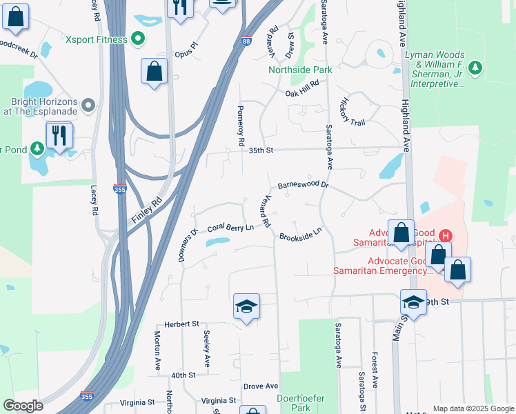 map of restaurants, bars, coffee shops, grocery stores, and more near 3613 Buckthorn Lane in Downers Grove