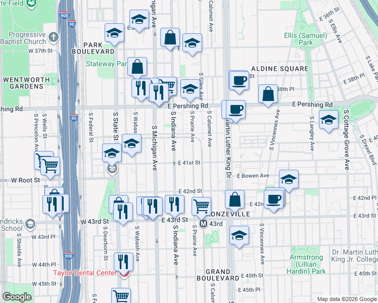 map of restaurants, bars, coffee shops, grocery stores, and more near 4015 South Indiana Avenue in Chicago