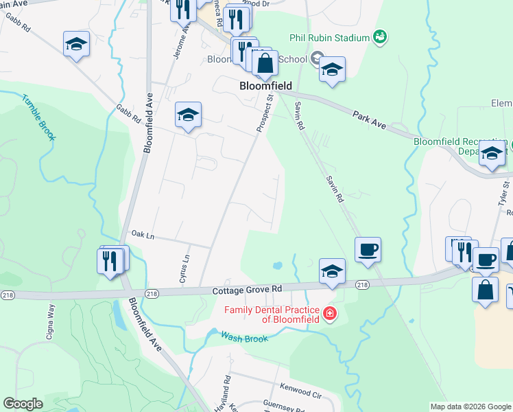 map of restaurants, bars, coffee shops, grocery stores, and more near 7 Trinity Circle in Bloomfield