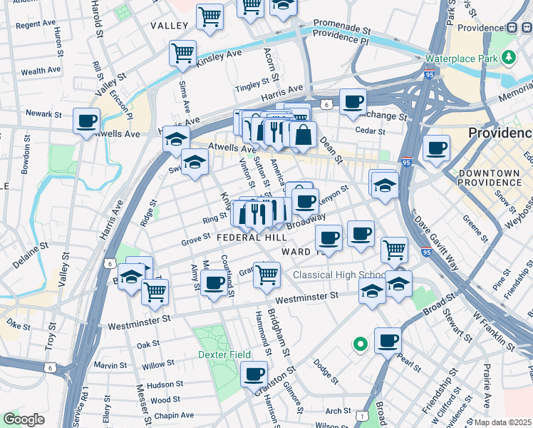 map of restaurants, bars, coffee shops, grocery stores, and more near 116 Vinton Street in Providence