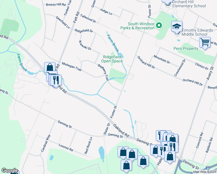 map of restaurants, bars, coffee shops, grocery stores, and more near R7 Bayberry Trail in South Windsor