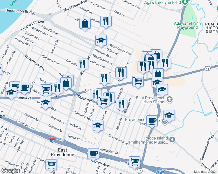map of restaurants, bars, coffee shops, grocery stores, and more near 460 Taunton Avenue in East Providence