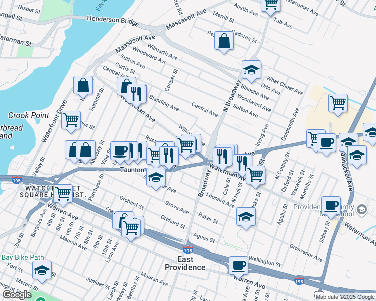 map of restaurants, bars, coffee shops, grocery stores, and more near 220 Waterman Avenue in East Providence