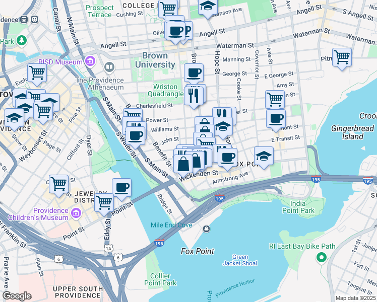 map of restaurants, bars, coffee shops, grocery stores, and more near 31 John Street in Providence