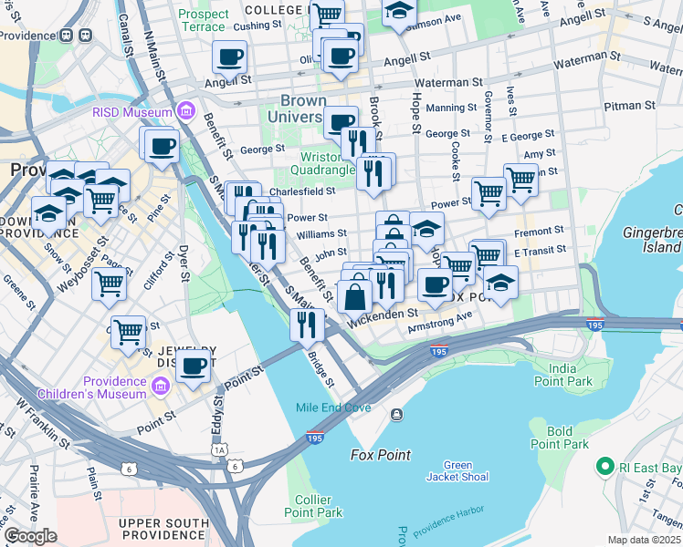 map of restaurants, bars, coffee shops, grocery stores, and more near 9 John Street in Providence
