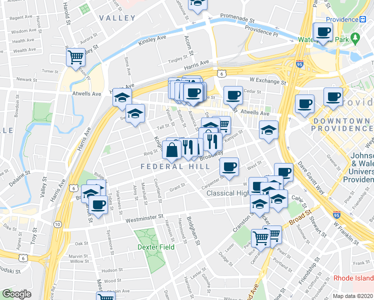map of restaurants, bars, coffee shops, grocery stores, and more near 125 Sutton Street in Providence