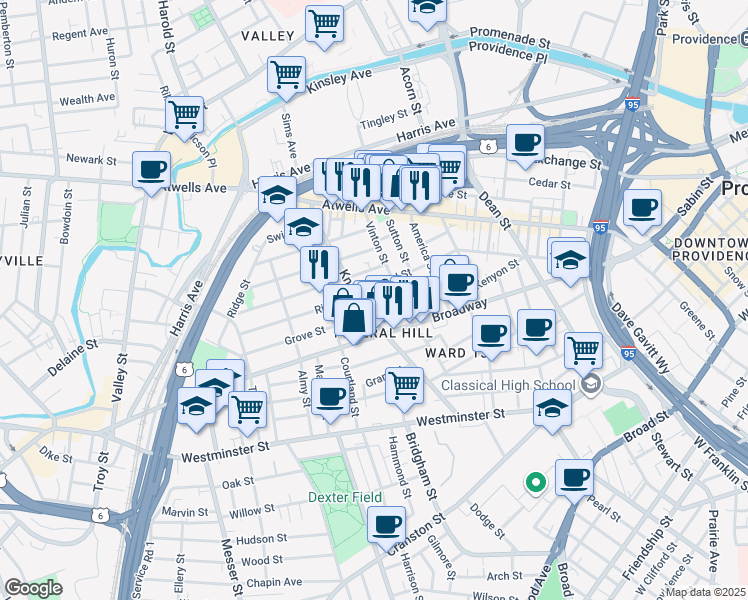 map of restaurants, bars, coffee shops, grocery stores, and more near 22 Penn Street in Providence