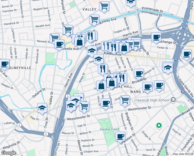 map of restaurants, bars, coffee shops, grocery stores, and more near 92 Tell Street in Providence
