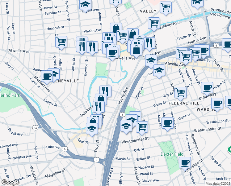 map of restaurants, bars, coffee shops, grocery stores, and more near 18 Gennaro Place in Providence