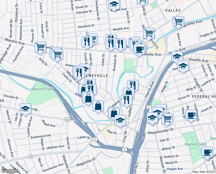 map of restaurants, bars, coffee shops, grocery stores, and more near 60 Bowdoin Street in Providence