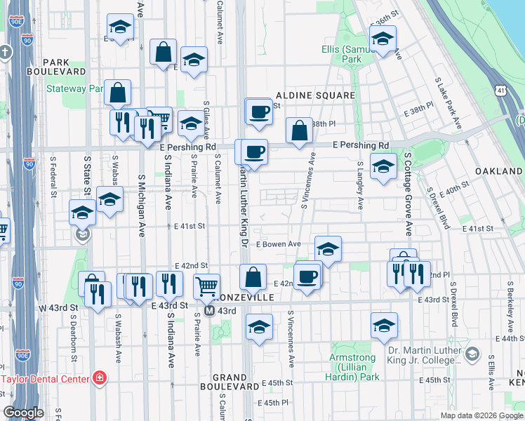map of restaurants, bars, coffee shops, grocery stores, and more near 3955 South King Drive in Chicago