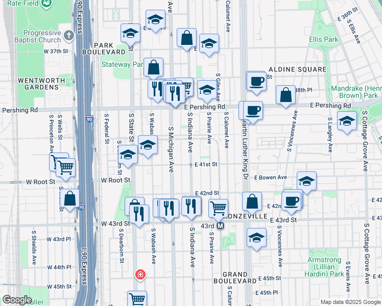 map of restaurants, bars, coffee shops, grocery stores, and more near 4015 South Indiana Avenue in Chicago