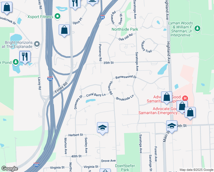 map of restaurants, bars, coffee shops, grocery stores, and more near 3613 Buckthorn Lane in Downers Grove