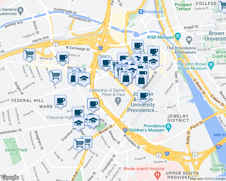 map of restaurants, bars, coffee shops, grocery stores, and more near 250 Washington Street in Providence