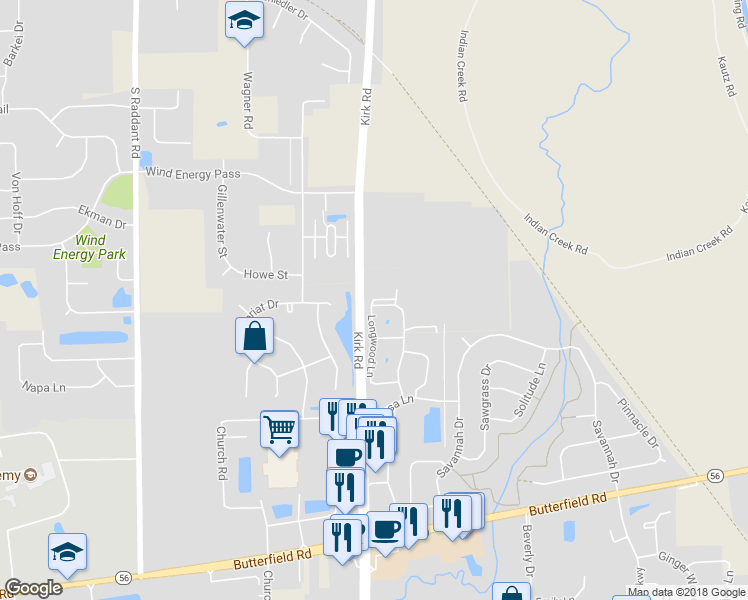 map of restaurants, bars, coffee shops, grocery stores, and more near Longwood Court in Aurora