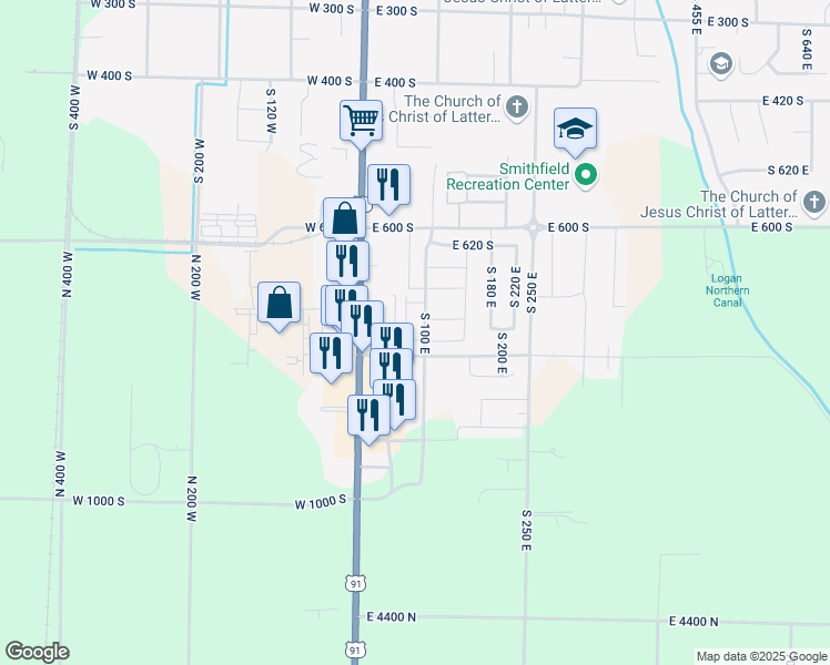 map of restaurants, bars, coffee shops, grocery stores, and more near 87 East 780 South in Smithfield