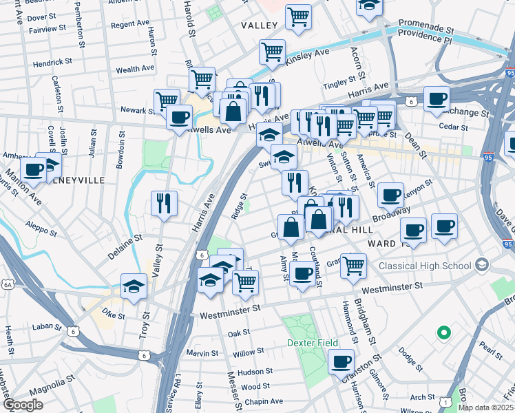 map of restaurants, bars, coffee shops, grocery stores, and more near 125 Tell Street in Providence