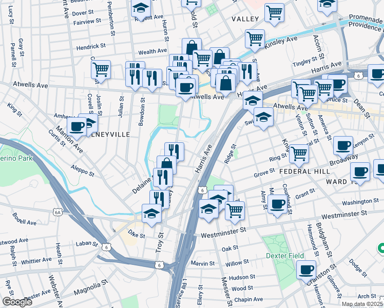 map of restaurants, bars, coffee shops, grocery stores, and more near 18 De Soto Street in Providence