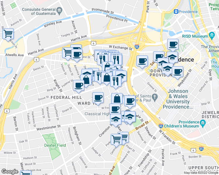 map of restaurants, bars, coffee shops, grocery stores, and more near 15 Ringgold Street in Providence