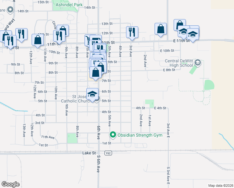 map of restaurants, bars, coffee shops, grocery stores, and more near 418 6th Street in DeWitt