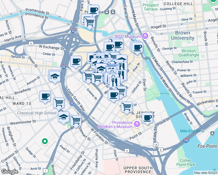 map of restaurants, bars, coffee shops, grocery stores, and more near 233 Weybosset Street in Providence