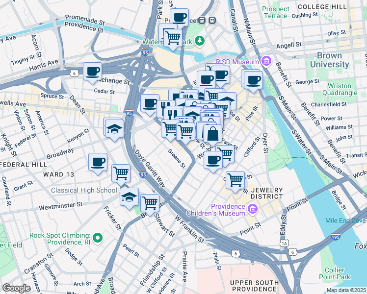 map of restaurants, bars, coffee shops, grocery stores, and more near Empire St & Westminster St in Providence