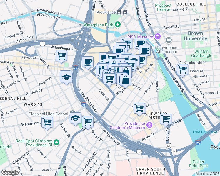 map of restaurants, bars, coffee shops, grocery stores, and more near 387 Westminster Street in Providence