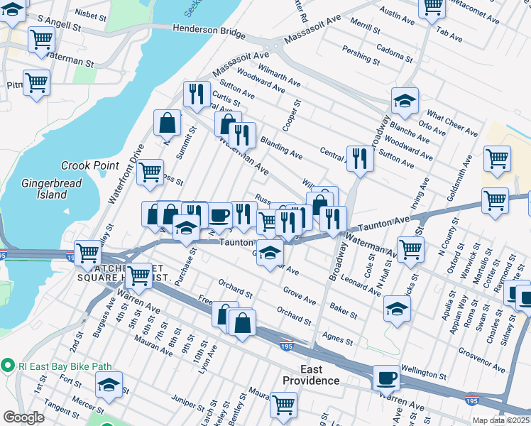 map of restaurants, bars, coffee shops, grocery stores, and more near 21 Russell Avenue in East Providence