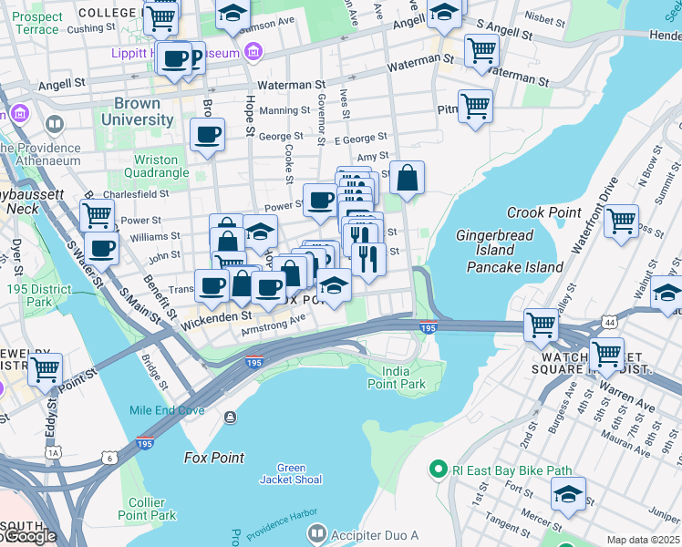 map of restaurants, bars, coffee shops, grocery stores, and more near 27 East Transit Street in Providence