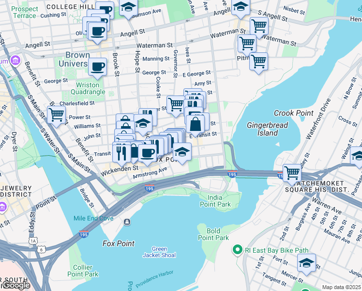 map of restaurants, bars, coffee shops, grocery stores, and more near 44 Governor Street in Providence